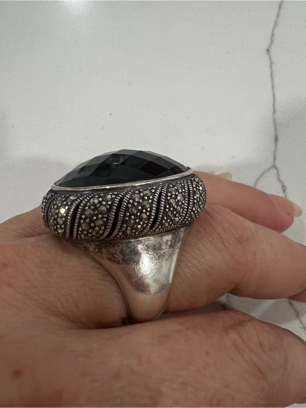 Vintage Judith Jack JJ 925 Sterling Silver Black Onyx Marcasite Art Deco Ring 7 - Picture 9 of 15